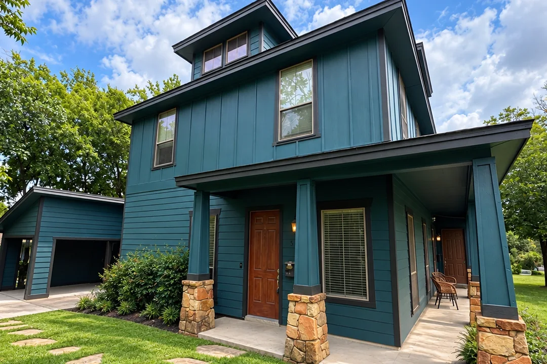 The exterior of Empowered Treatment's transitional housing in Hyde Park, Austin: a two-storey teal house with a covered front porch, stone columns, and a lawn
