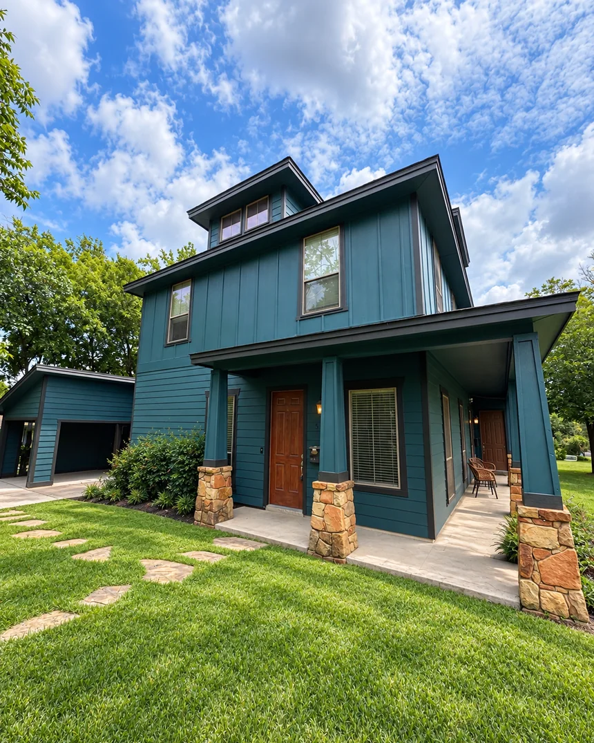 The exterior of Empowered Treatment's transitional housing in Hyde Park, Austin: a two-storey teal house with a covered front porch and stone columns