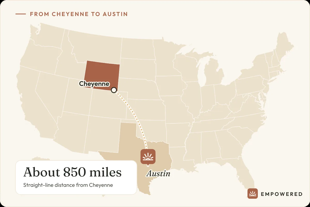 Map showing the route from Cheyenne, Wyoming to Empowered Treatment in Austin, Texas, about 850 miles