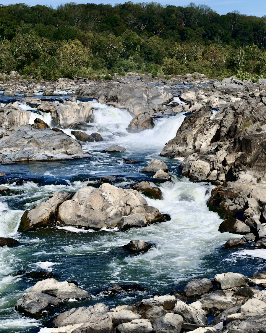 Water rushing over rocks at Great Falls in Potomac, Maryland