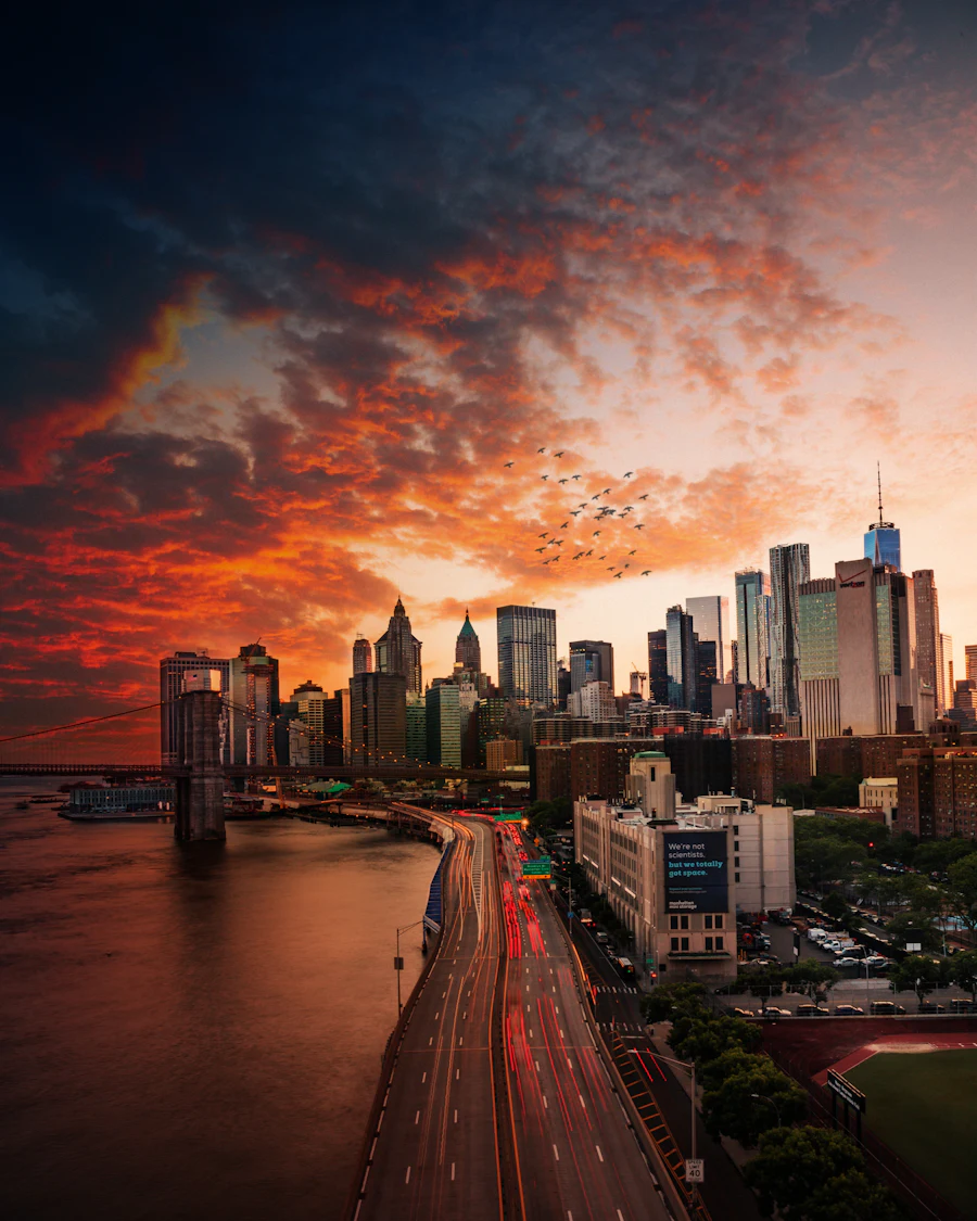 Sunset over the Manhattan Bridge in New York City